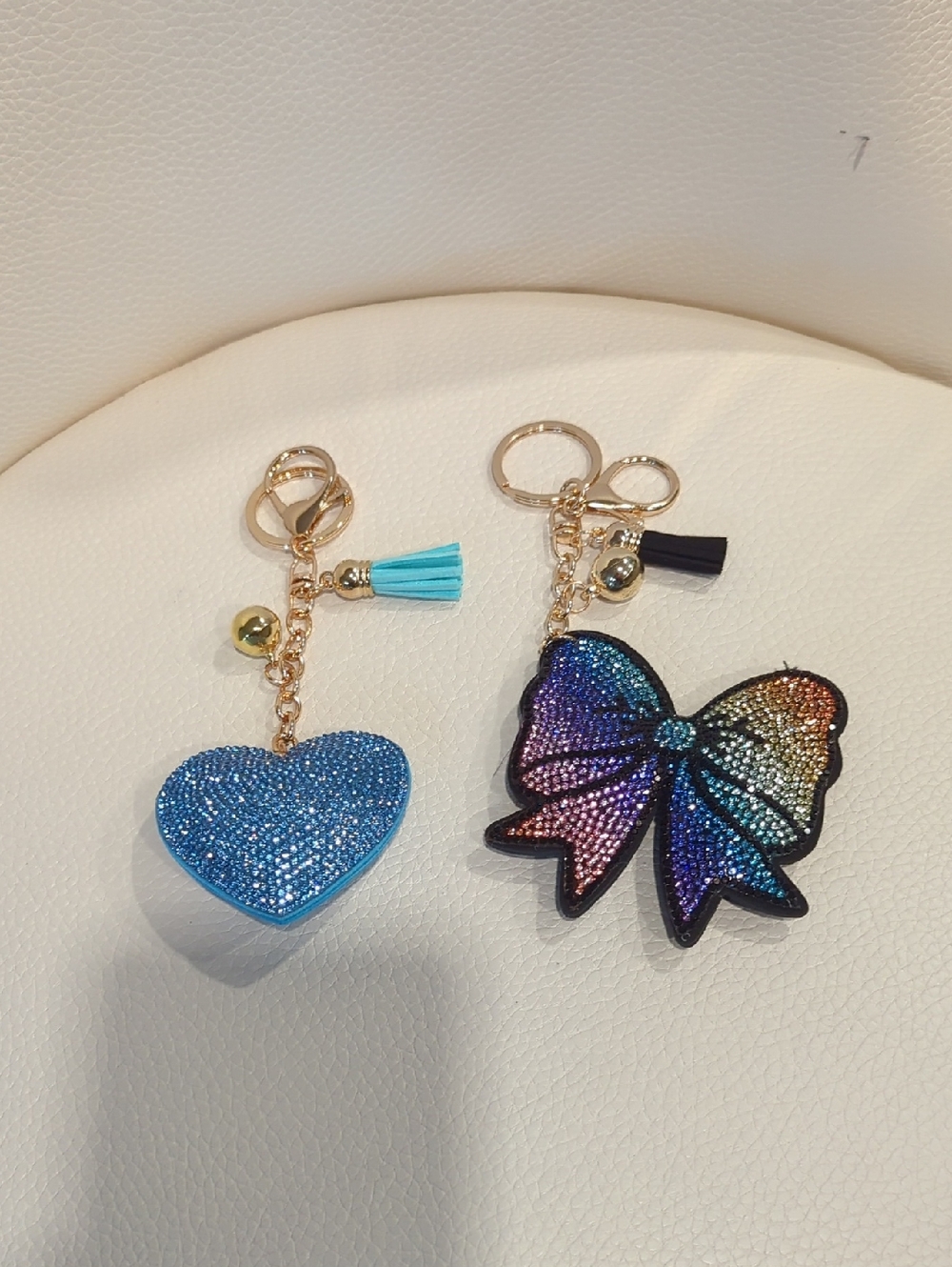 Sparkling Blue Heart & Rainbow Bow Keychain Set